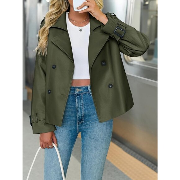 Womens army green Leather Oversized Button Down Motorcycle Jacket Fall Outer - Picture 2 of 6